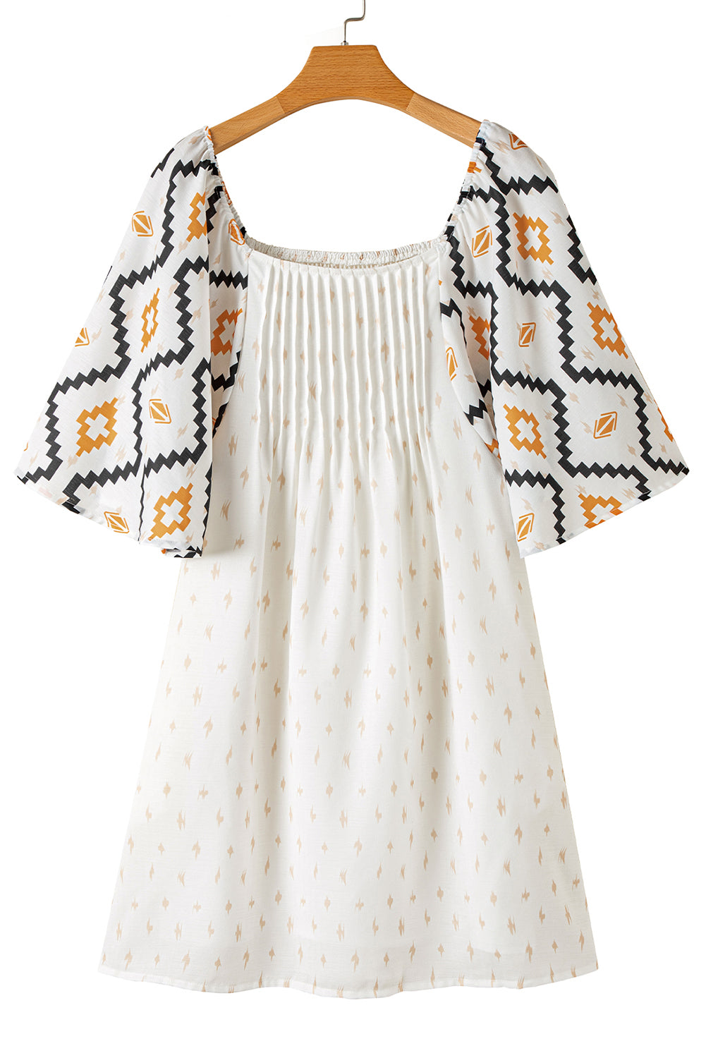 Beige Geometric Print Pleated Square Neck Loose Mini Dress-True and Wild