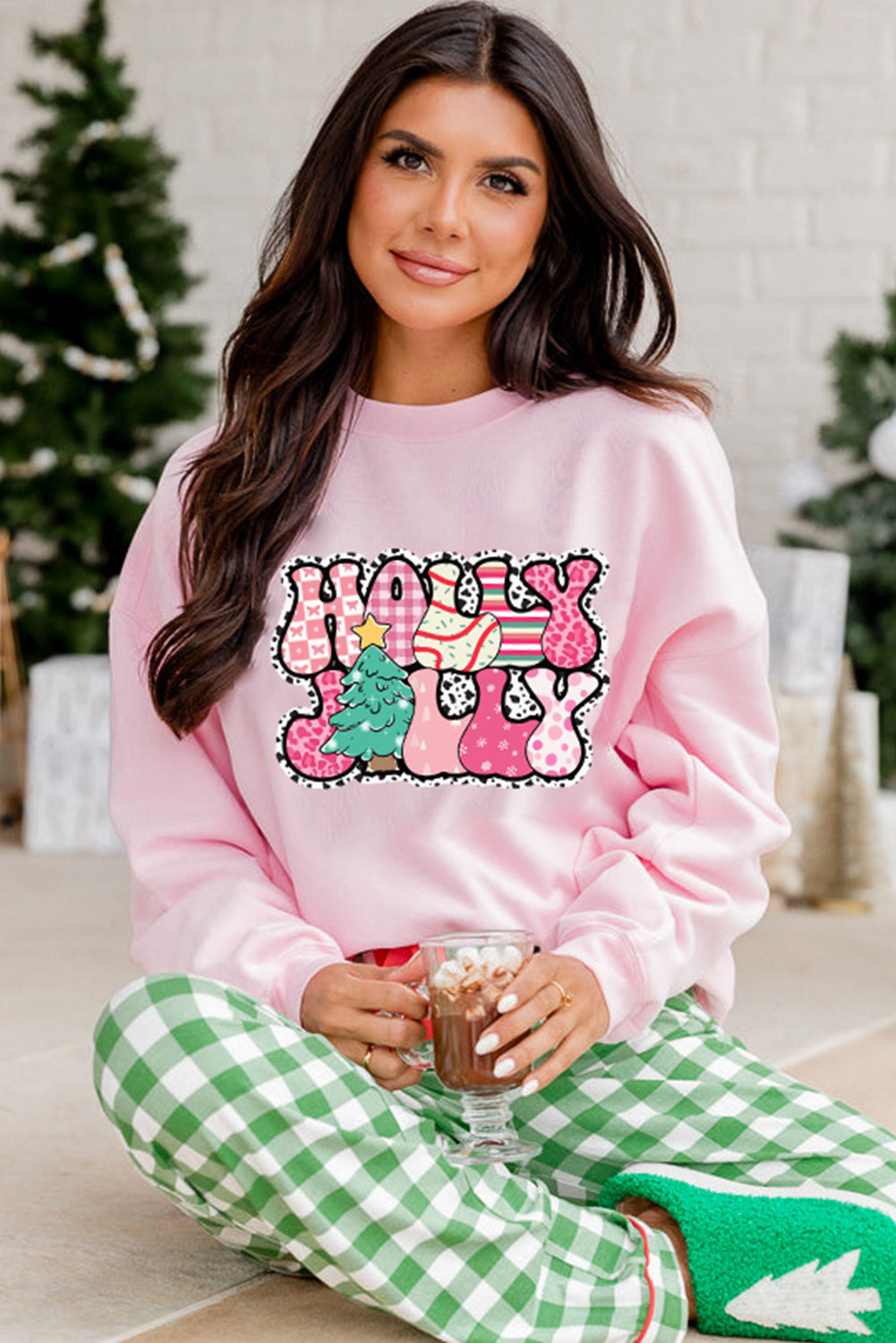 Pink Letter Print Christmas Graphic Crew Neck Sweatshirt-True and Wild