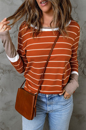 Brown Contrast Spliced Colorblock Cuffed Rib Knit Top-True and Wild