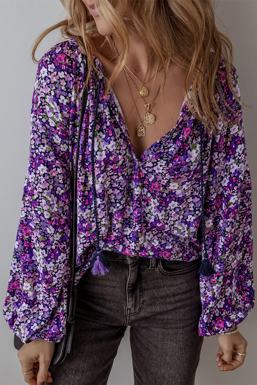 Floral Tie Neck Balloon Sleeve Blouse-True and Wild