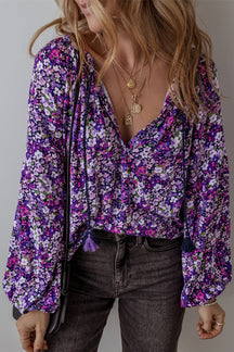 Floral Tie Neck Balloon Sleeve Blouse-True and Wild