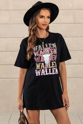 Black WALLEN Letter Print Animal Graphic Oversized Tee-True and Wild