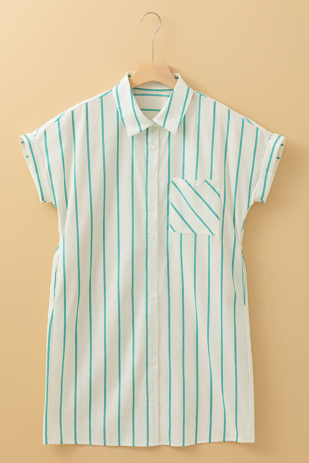 Mint Green Striped Pocket Short Sleeve Mini Dress-True and Wild