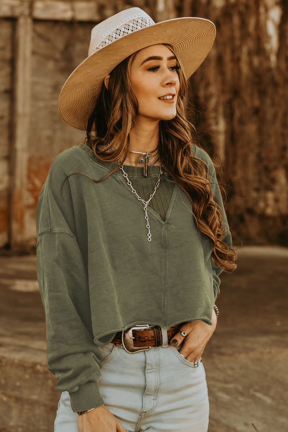 Green Casual Drop Shoulder Cropped Sweatshirt-True and Wild