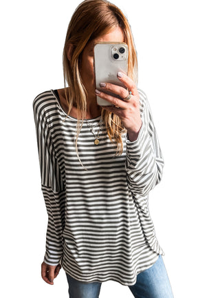 Gray Stripe Drop Sleeve Round Neck Oversized Top-True and Wild