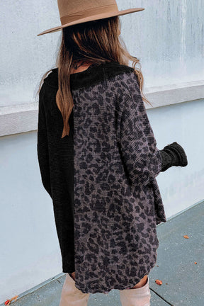 Black Waffle Knit and Leopard Print Color Block Oversized Henley Shirt-True and Wild