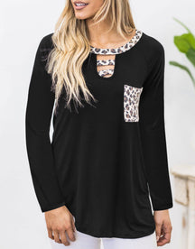 Cutout Leopard Round Neck Long Sleeve T-Shirt-True and Wild