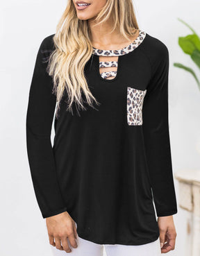 Cutout Leopard Round Neck Long Sleeve T-Shirt-True and Wild