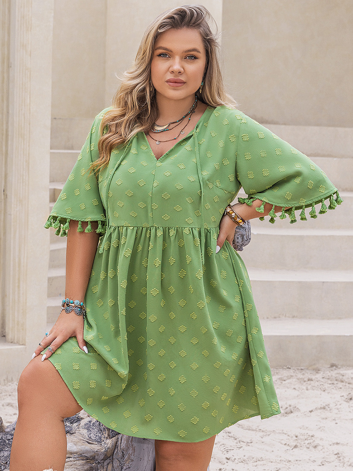 Plus Size Tied Tassel Half Sleeve Mini Dress-True and Wild