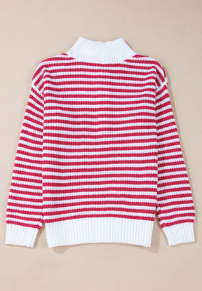 Striped Half Zip Mock Neck Long Sleeve Sweater