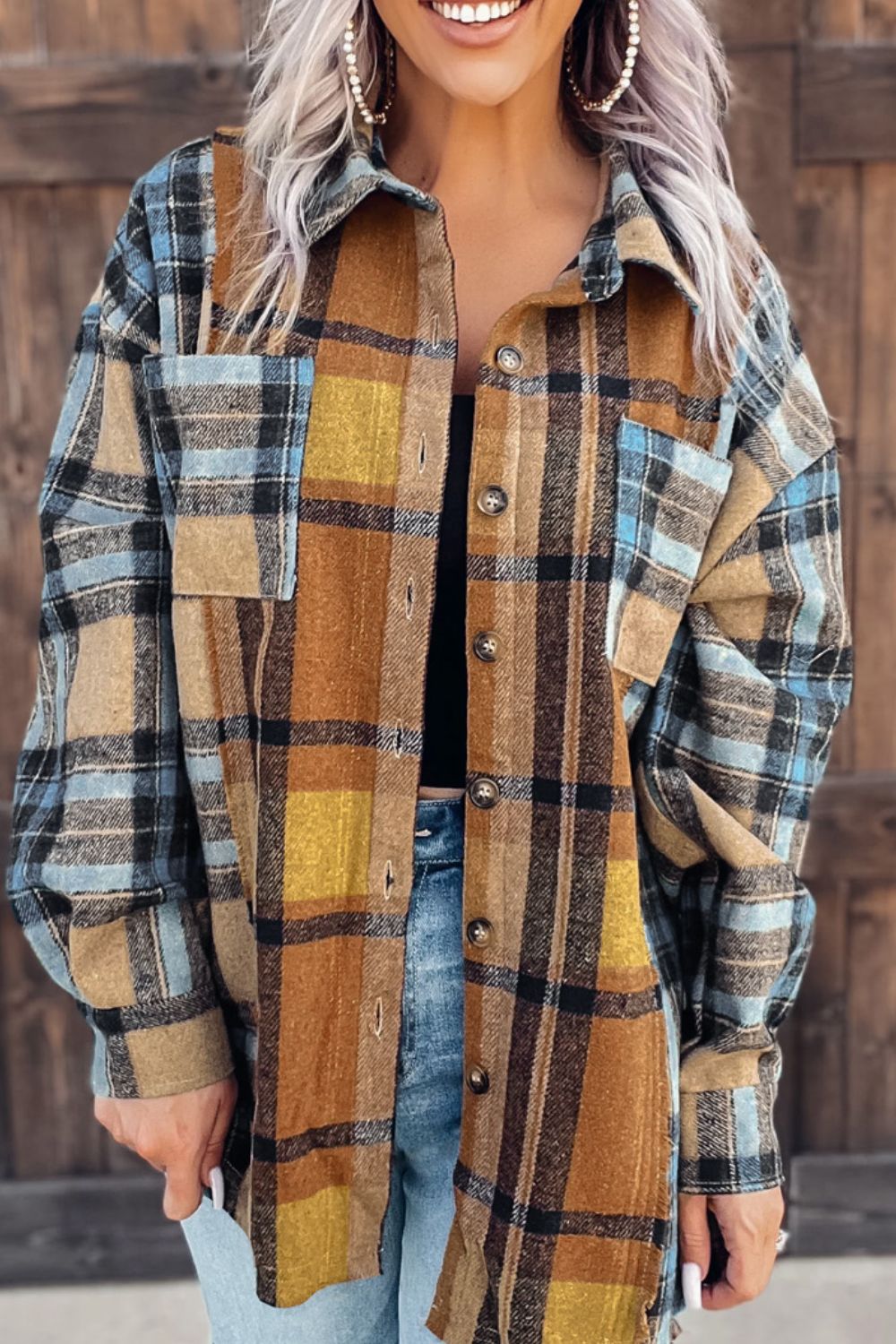 Plaid Collared Neck Long Sleeve Shirt