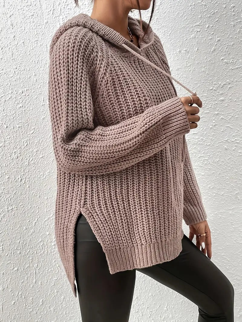 High-Low Side Slit Drawstring Long Sleeve Hooded Sweater-True and Wild