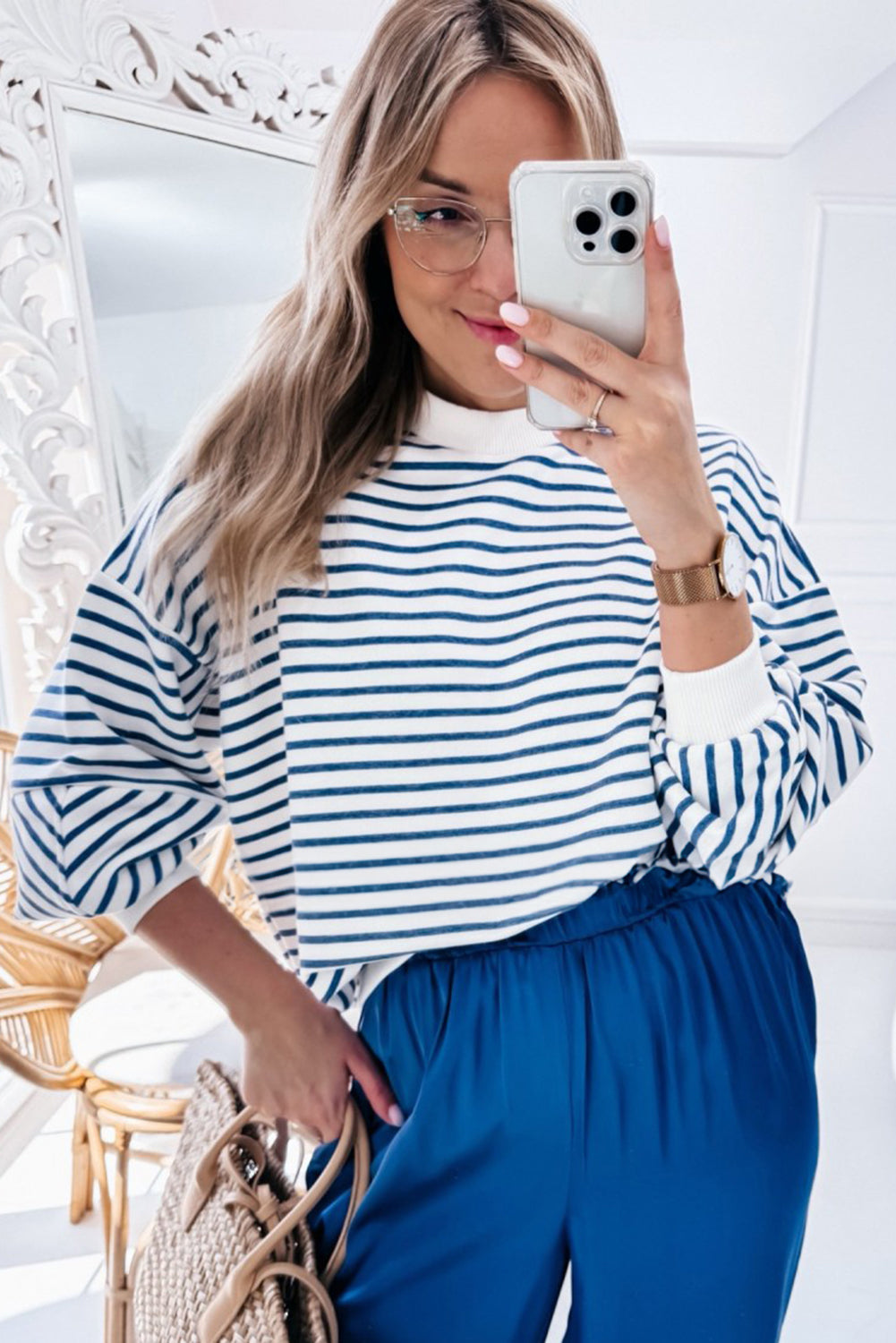 Blue Stripe Drop Shoulder Crew Neck Loose Sweatshirt-True and Wild