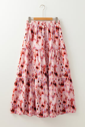 Pink Abstract Watercolor Tie Dye Tiered Maxi Skirt