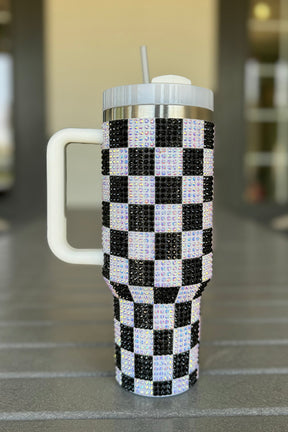 Black 40oz Rhinestone Checkered Handled Tumbler-True and Wild