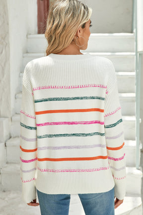 Black Colorful Striped Ribbed Trim Round Neck Sweater-True and Wild