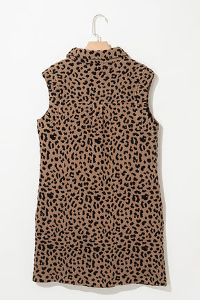 Khaki Leopard Print V Neck Sleeveless Collared Mini Dress