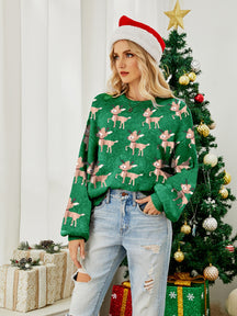 Reindeer Round Neck Long Sleeve Sweater-True and Wild