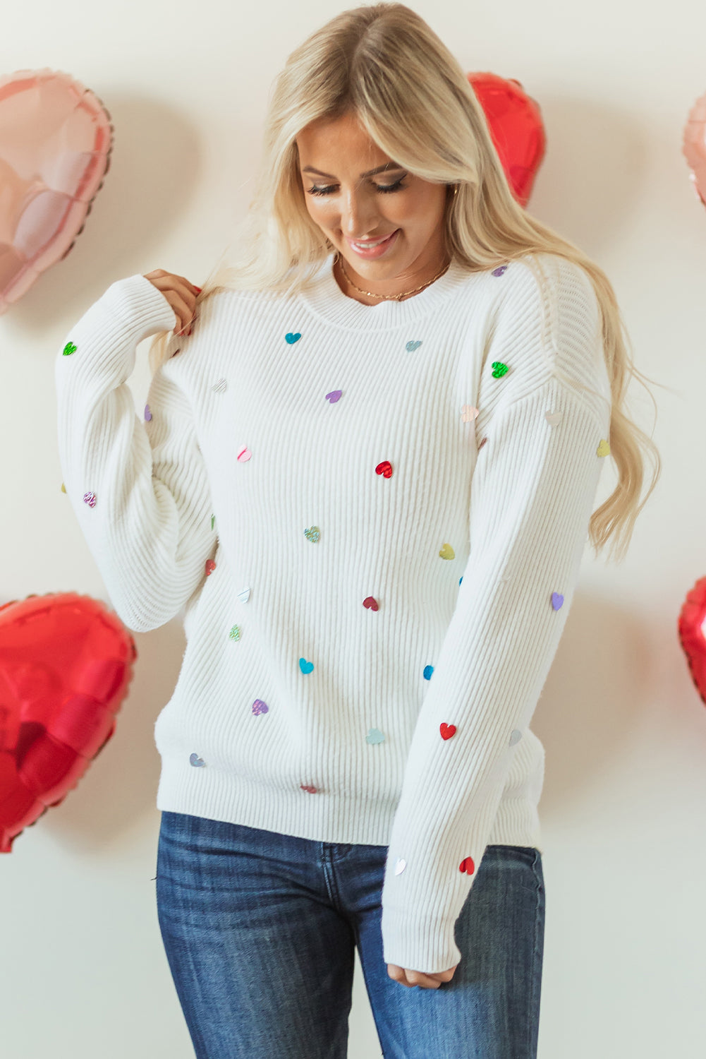 Heart Sequin Round Neck Long Sleeve Sweater-True and Wild