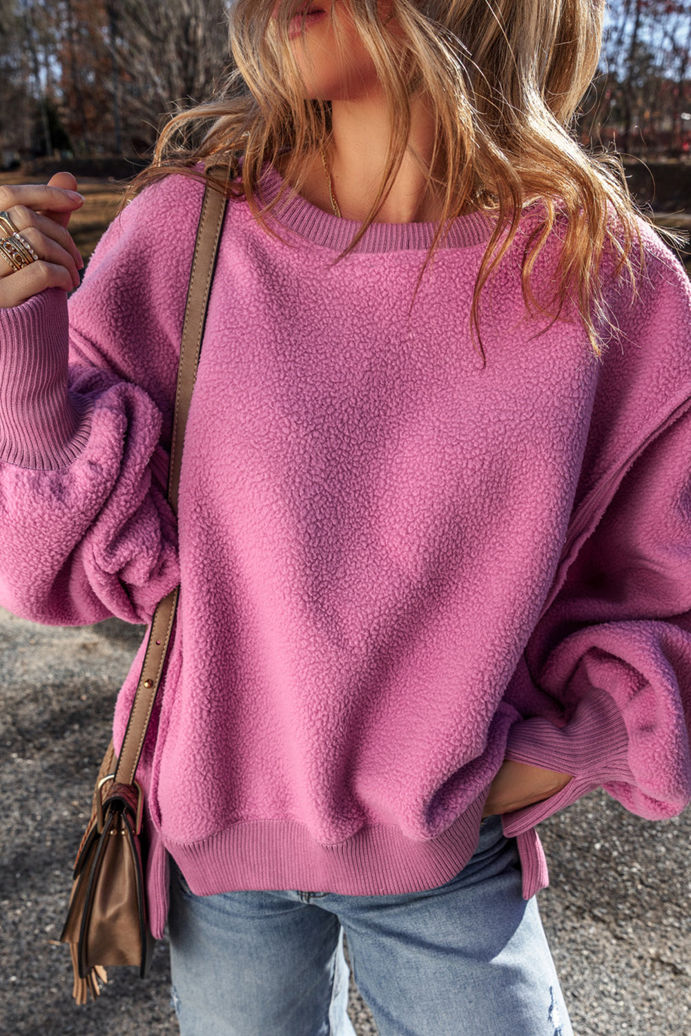 Bright Pink Sherpa Seamed Drop Shoulder Oversized Sweatshirt-True and Wild