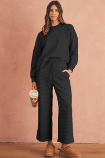 Black Checkered Textured Split Pullover Top and Pants Set