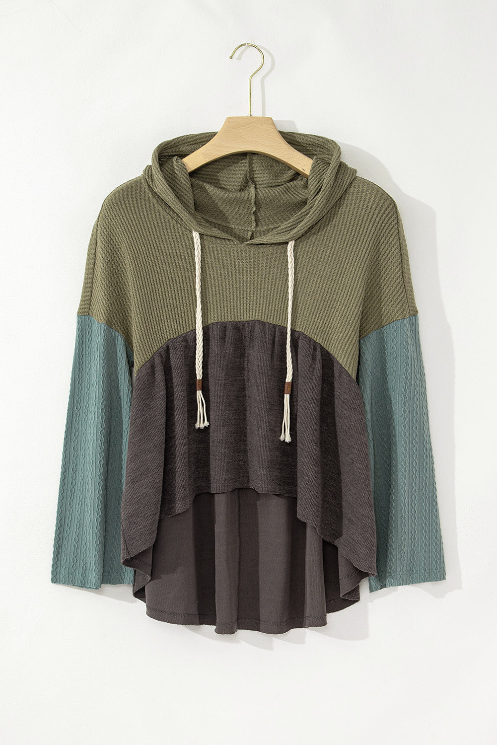 Laurel Green Waffle Knit Patchwork Drawstring Hooded Top-True and Wild