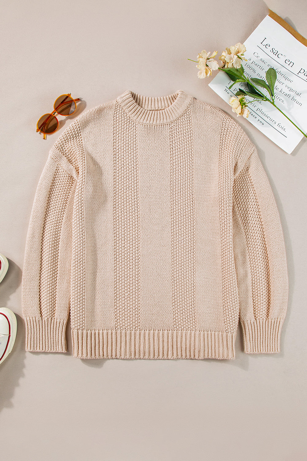 Pale Khaki Solid Color Ribbed Knit Round Neck Sweater-True and Wild