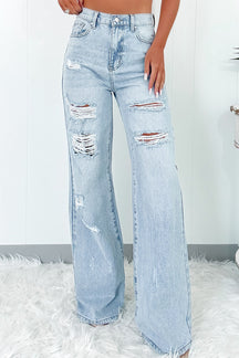 Beau Blue Light Wash Distressed High Waist Wide Leg Jeans-True and Wild