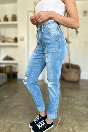 Judy Blue Full Size Distressed Straight Jeans with Patch Pockets-True and Wild