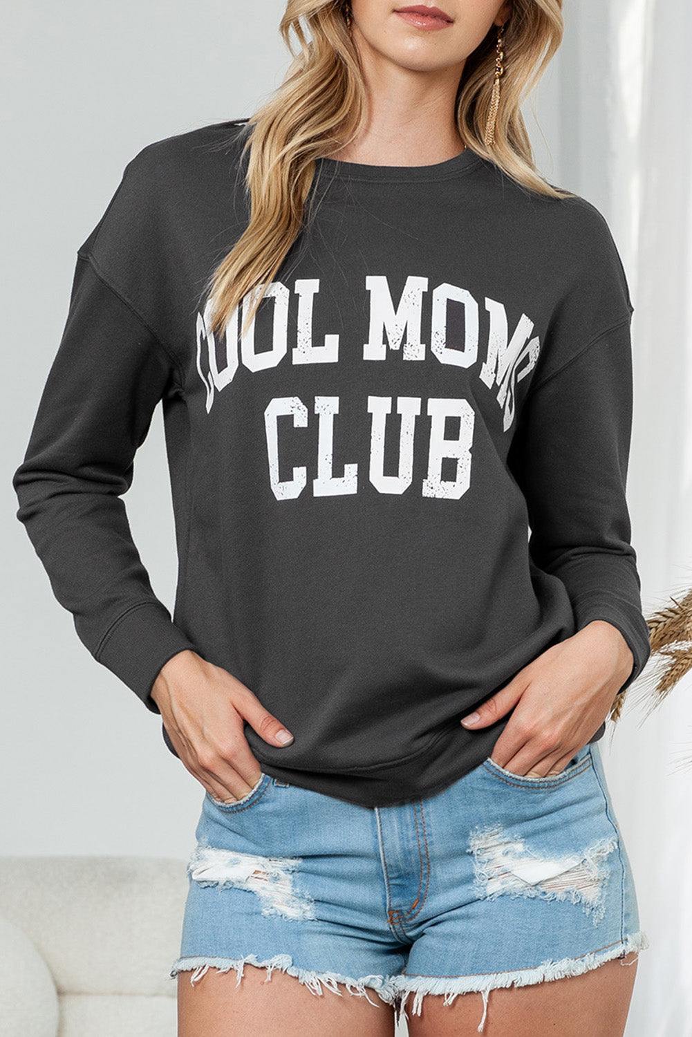 Gray COOL MOMS CLUB Print Drop Shoulder Light Wash Sweatshirt-True and Wild