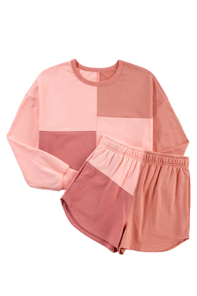 Peach Blossom Colorblock Long Sleeve Top & Pocketed Shorts Set-True and Wild