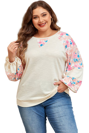 Apricot Floral Patchwork Puff Sleeve Plus Size Ribbed Top-True and Wild