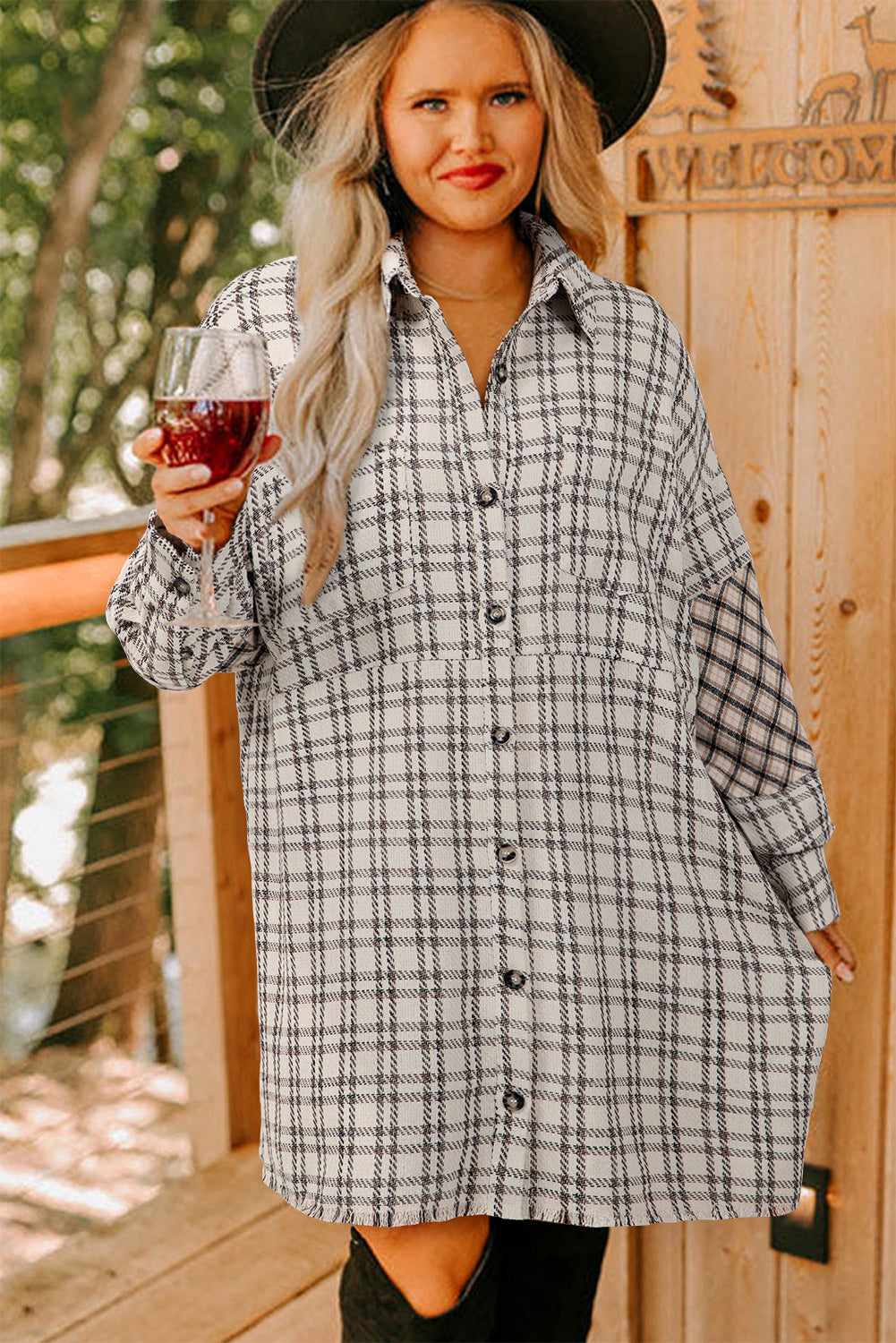 White Plaid Tunic Shirt Raw Hem Plus Size Dress