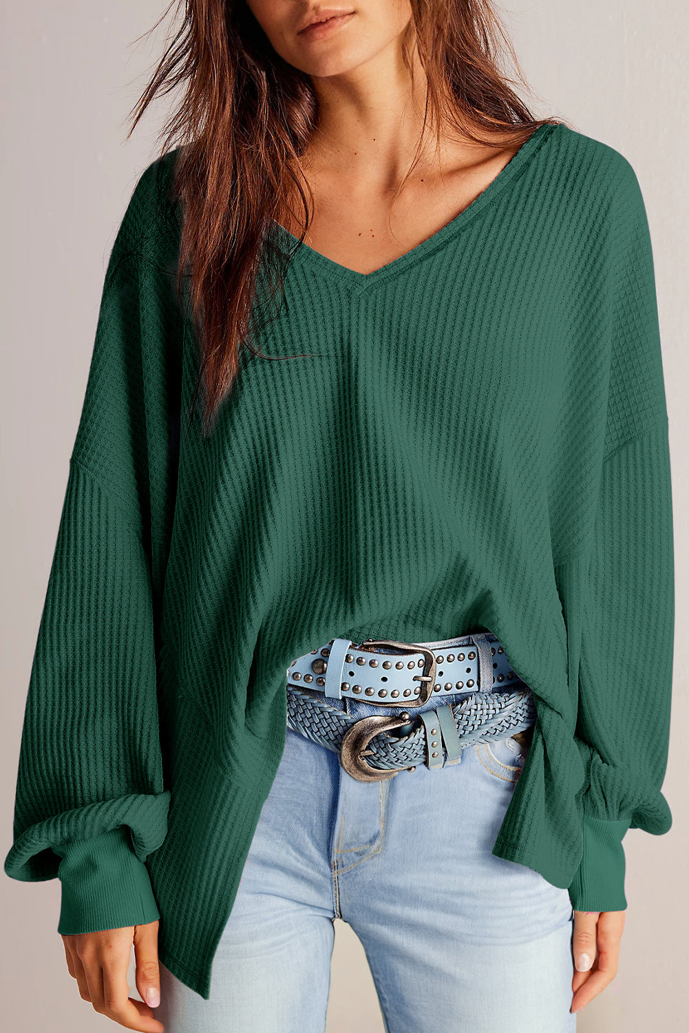 Blackish Green Waffle V Neck Drop Shoulder Loose Top-True and Wild