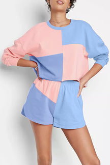 Peach Blossom Colorblock Long Sleeve Top & Pocketed Shorts Set-True and Wild