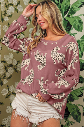 Sweatshirts & Hoodies - Rose Red Animal Print Drop Sleeve Pullover Sweatshirt