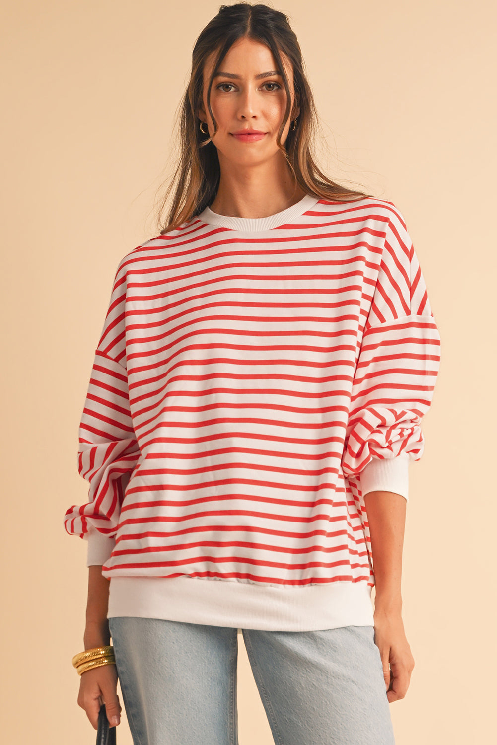 Blue Stripe Drop Shoulder Crew Neck Loose Sweatshirt-True and Wild