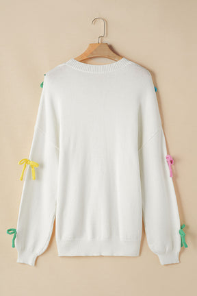 Contrast Bow Round Neck Dropped Shoulder Sweater-True and Wild