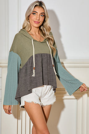 Laurel Green Waffle Knit Patchwork Drawstring Hooded Top-True and Wild