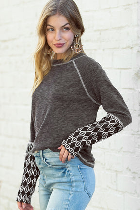 Gray Ribbed Casual Geometric Patchwork Long Sleeve Top-True and Wild