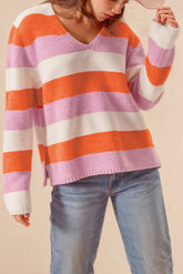 Orange Casual Stripe V Neck Side Slit Sweater-True and Wild