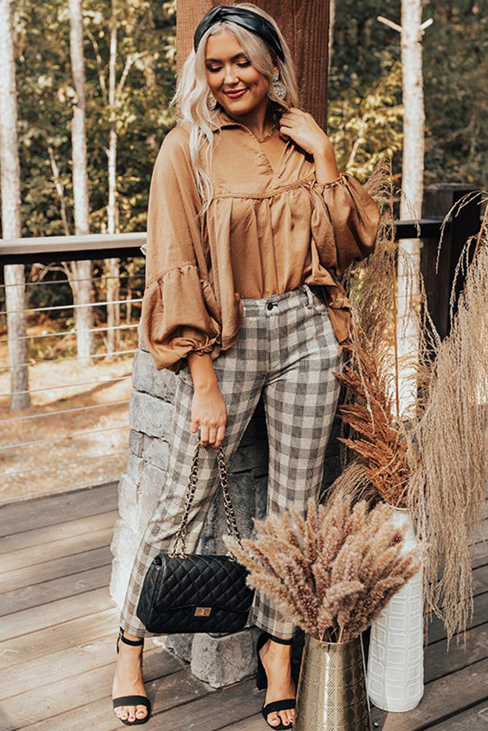 Brown Solid Color Lantern Sleeve Collared Boho Top-True and Wild