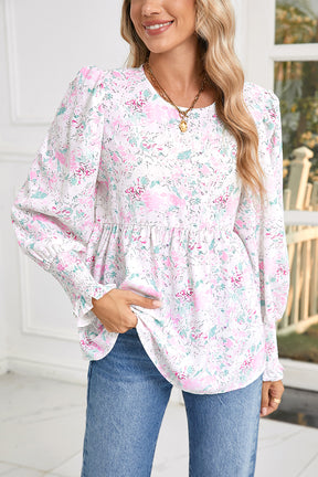 Pink Floral Print Shirred Cuffs Keyhole Back Babydoll Blouse-True and Wild