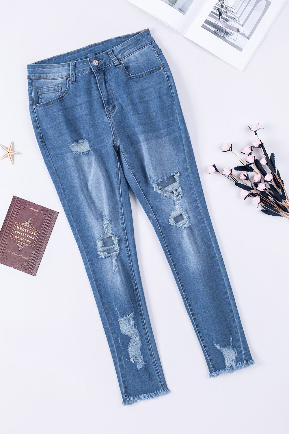 Light Blue High Waist Distressed Skinny Jeans-True and Wild