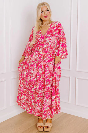 Rose Plus Size Floral V Neck Flounce Sleeve Boho Maxi Dress