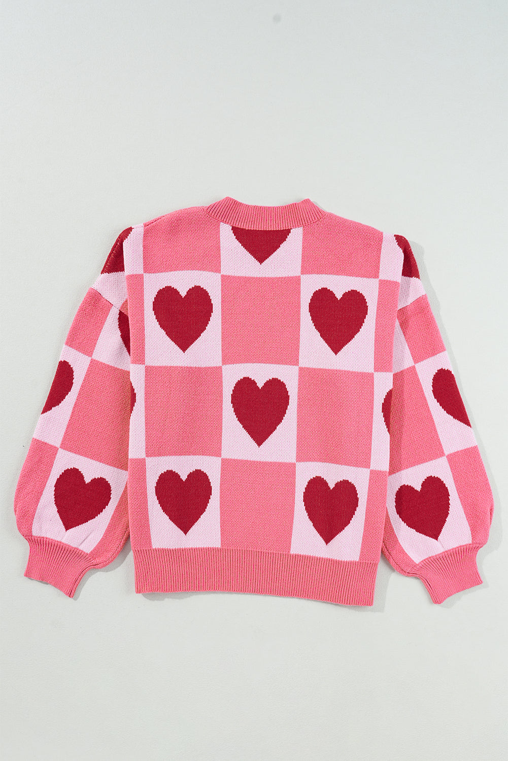 Plus Size Sweaters&Cardigans - Pink Plus Size Heart Colorblock Mock Neck Lantern Sleeve Sweater