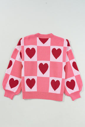 Plus Size Sweaters&Cardigans - Pink Plus Size Heart Colorblock Mock Neck Lantern Sleeve Sweater