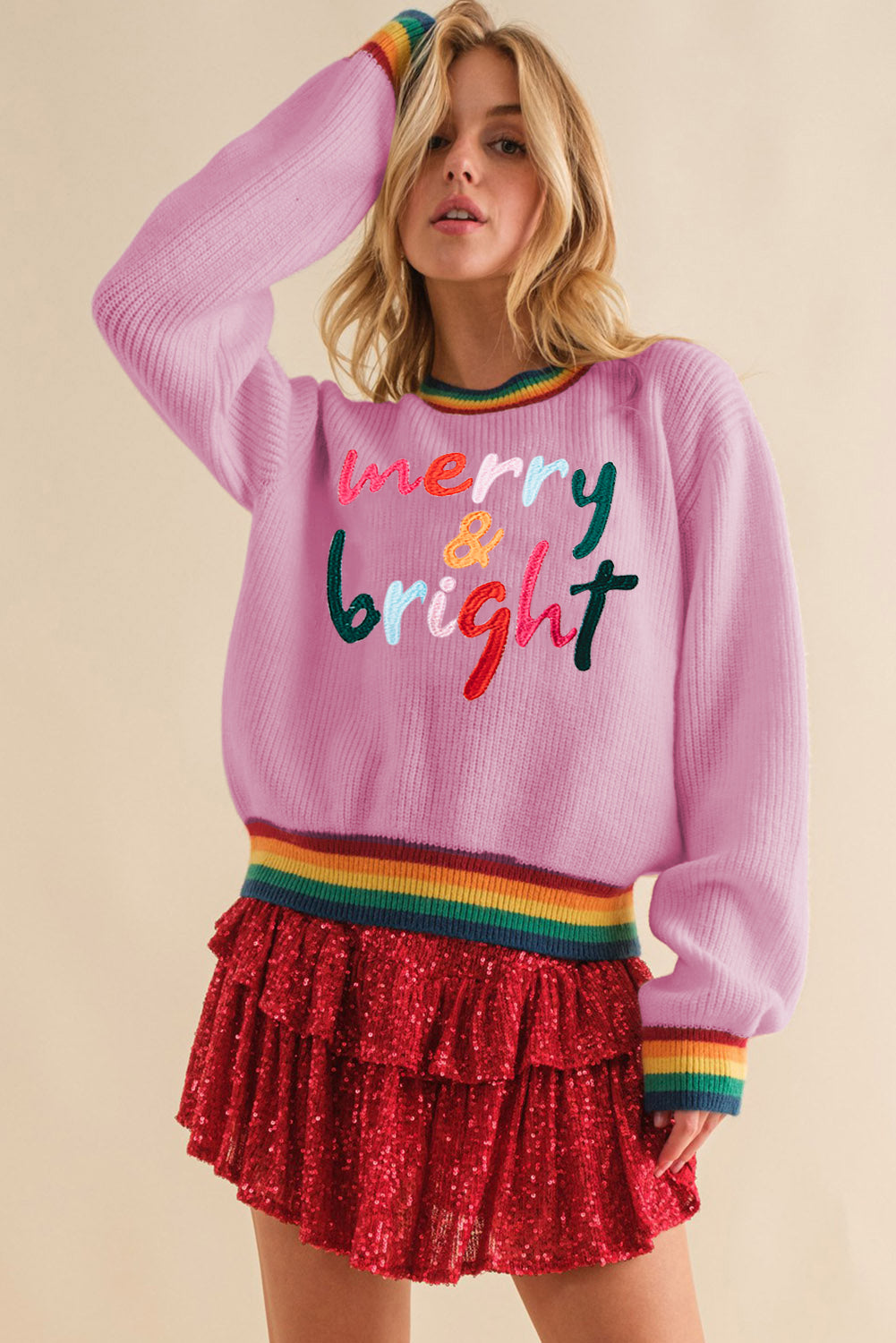 MERRY & BRIGHT Ribbed Round Neck Sweater-True and Wild