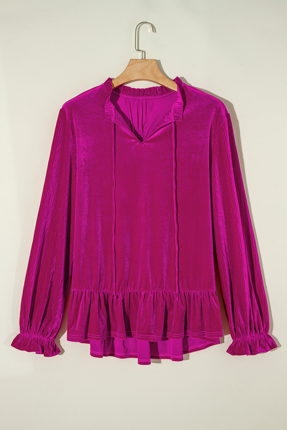 Bright Pink Plus Size Ruffled Sleeve V Neck Velvet Blouse-True and Wild