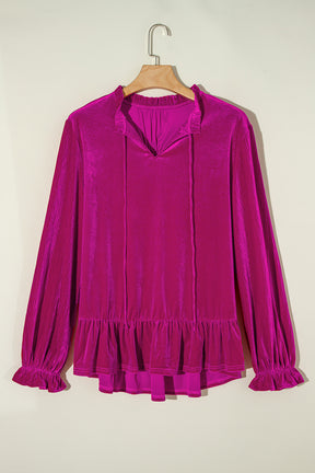 Bright Pink Plus Size Ruffled Sleeve V Neck Velvet Blouse-True and Wild